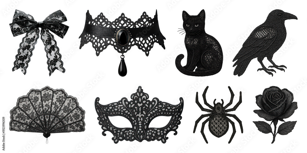 Obraz premium PNG Elegant black lace accessories collection on transparent background