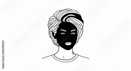 Striking black and white graphic of a person's face with bold features