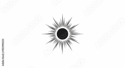 Stylized black sunburst or eclipse symbol radiating outward on white background
