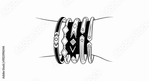 Stacked armbands with geometric patterns adorn wrists in artistic sketch