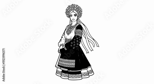 Stylized drawing of a woman in traditional attire, wearing a floral headdress