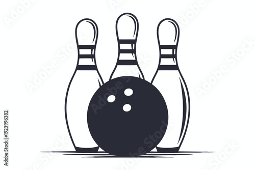 Classic bowling set shows three pins behind a black bowling ball ready to be played