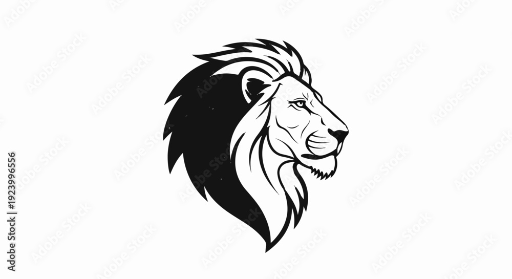 Fototapeta premium Stylized black and white profile of a powerful lion's head with a prominent mane