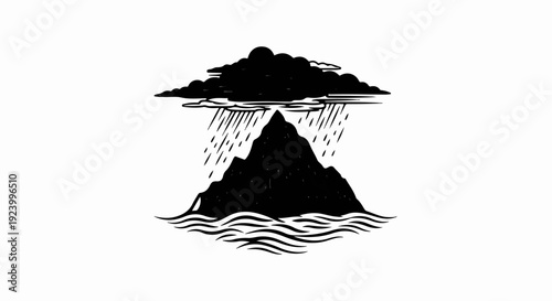Stylized black silhouette of a stormy cloud raining over a mountain in water