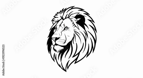 Stylized black and white profile of a majestic lion's head with a flowing mane