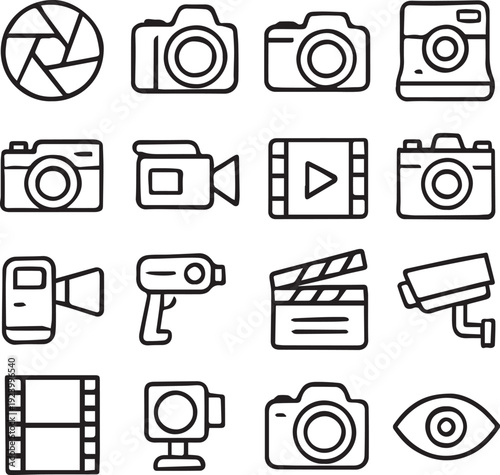 Photography and videography icon set with cameras and film symbols