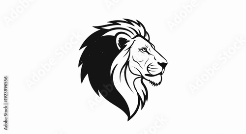 Stylized black and white profile of a powerful lion's head with a prominent mane