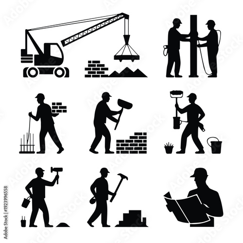 A set of construction worker silhouettes in various poses and activities