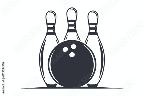 A bowling ball rests in front of three bowling pins in a monochrome vector