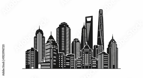 Stylized black and white illustration of a bustling city skyline with varied buildings