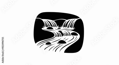 Stylized black and white illustration of a cascading waterfall with rocks