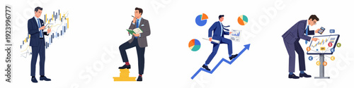 Illustrations of businessmen engaging in financial market analysis, investment strategies, and business growth, showcasing digital trading, wealth management, and upward economic trends.