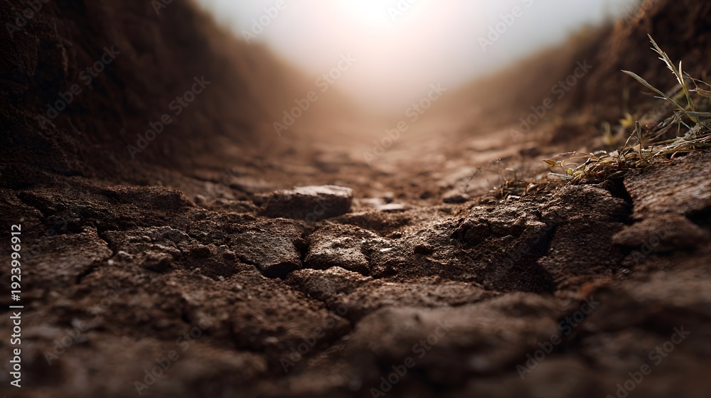 Fototapeta premium Dry cracked earth path receding into a misty sunlit horizon