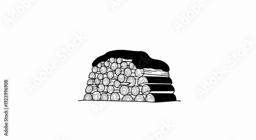 Stacked logs, some covered in snow, are neatly piled high