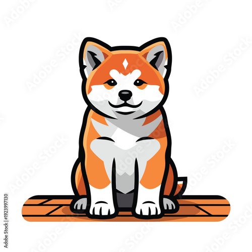 Illustration of a Shiba Inu dog sitting on a wooden floor, viewed from the front