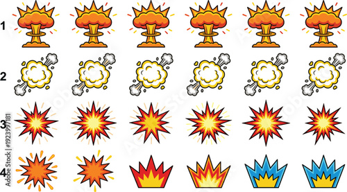 Cartoon explosion and bomb blast effect set with fire burst, smoke cloud and comic style elements vector illustration