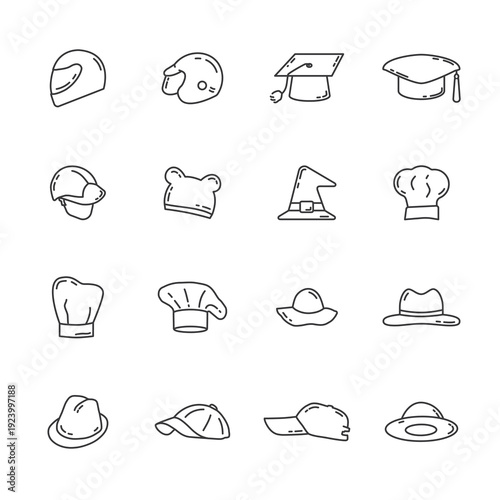 Professional collection of 16 hand-drawn style line icons featuring diverse headwear from graduation caps and chef hats to safety helmets and witch hats.