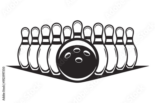 Black and white bowling arrangement shows pins around a ball ready for action