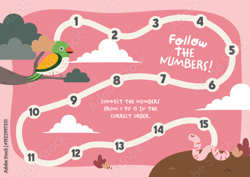 Printable colorful math worksheet featuring cute illustrations and a connect the numbers activity from 1 to 15 for fun kids learning, classroom practice, homeschool, early childhood education