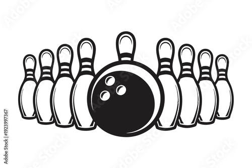 A striped bowling lane with pins and a bowling ball is displayed