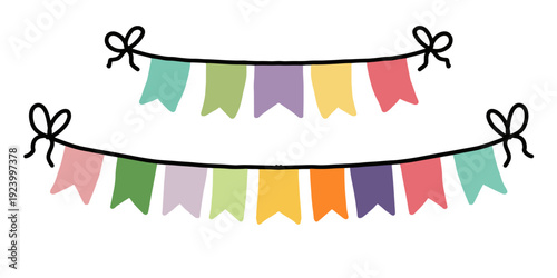 Hand drawn colorful bunting flags garland vector for party decoration. Two strings of pastel party pennant banners with black bows design elements for wedding and birthday party