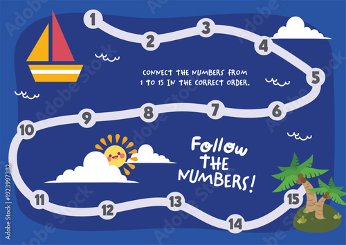 Printable colorful math worksheet featuring cute illustrations and a connect the numbers activity from 1 to 15 for fun kids learning, classroom practice, homeschool, early childhood education