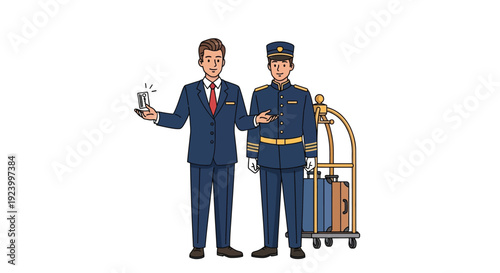 Two men a guest and a bellhop stand near luggage