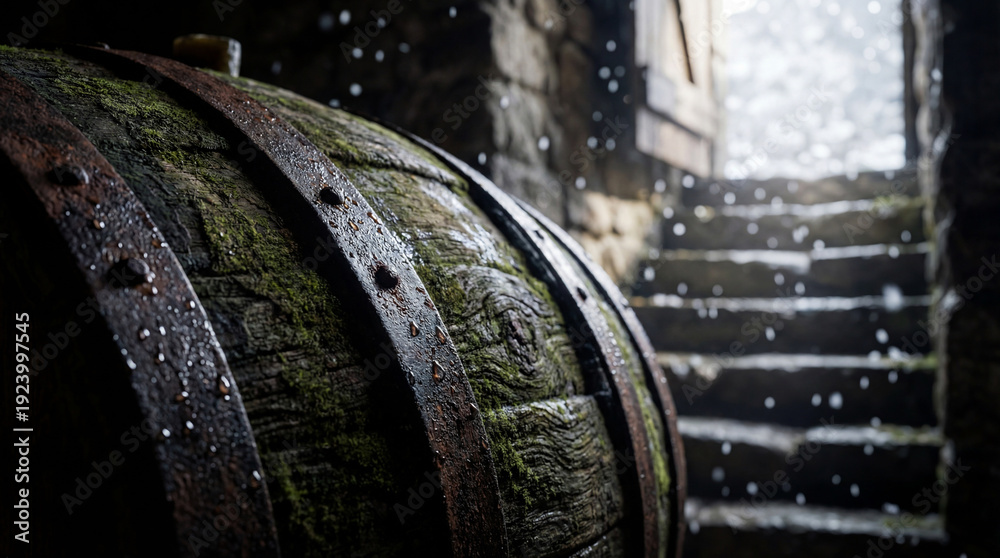 custom made wallpaper toronto digitalMossy Wooden Barrel Near Stone Steps