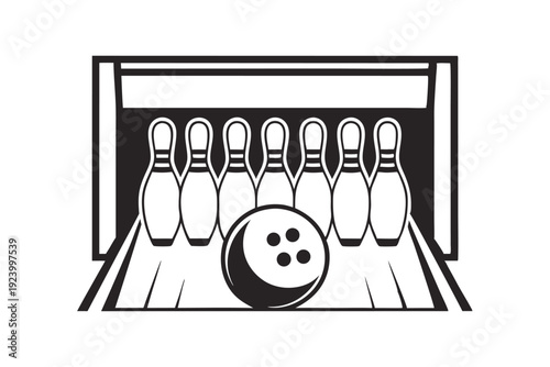 A black bowling ball rests in front of three bowling pins in a vector