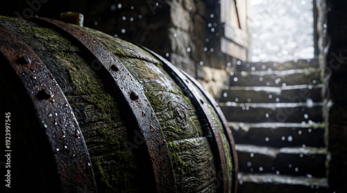 Wallpaper Mural Mossy Wooden Barrel Near Stone Steps Torontodigital.ca