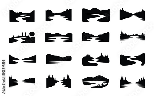 Collection of black silhouette landscape icons featuring mountains rivers and forests in various scenic compositions