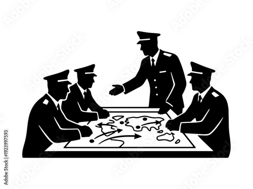Black and white silhouette of military officers planning a strategy over a map in a war room. Professional vector illustration for defense and leadership concepts.