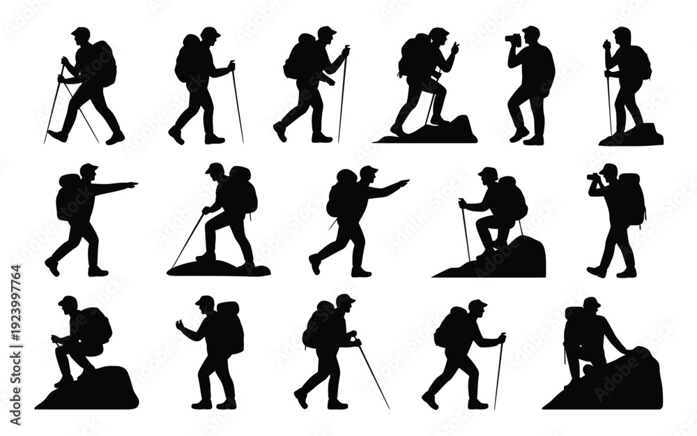 Fototapeta premium Hikers in various poses with backpacks and trekking poles on mountainous terrain in black silhouette on white background