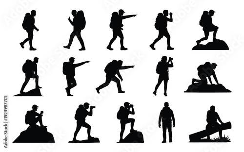 Hikers and photographers in various poses on terrain silhouette collection for design
