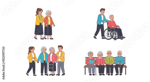 Illustrations depicting intergenerational relationships and senior care scenarios