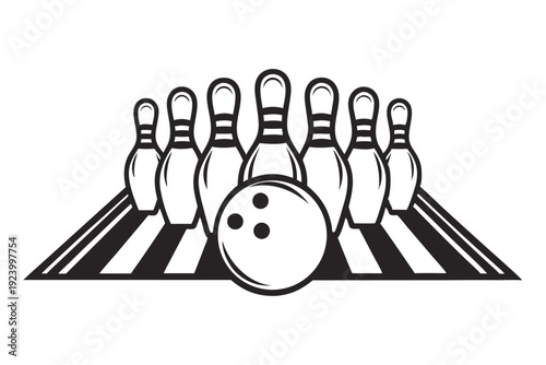 Dark bowling ball sits poised before five black and white pins on the lane