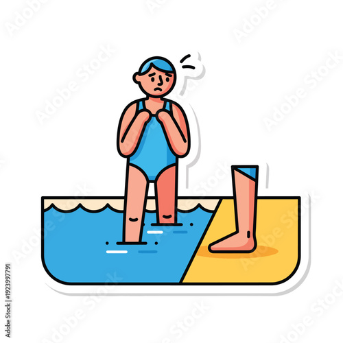 Woman standing in a pool with one leg on the edge, surprised, cartoon style illustration