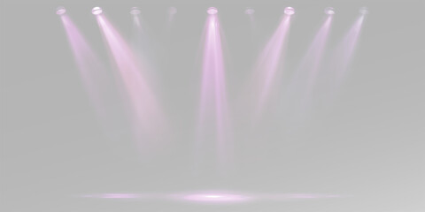 Pink lights and LED spotlights neon for concert stage. Realistic performance or disco lighting with glowing pink beams and reflections on transparent background overlay purple glow png