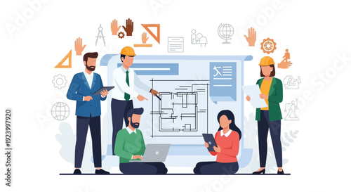 Architectural and Engineering Team Collaboration: Professionals Designing Building Plans with Digital Tools