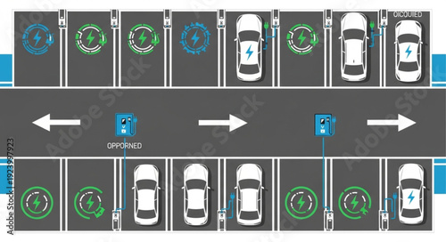 Electric vehicle charging station with cars parked in designated spots for charging.