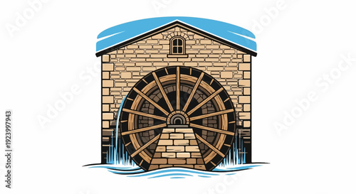 Stone millhouse with a large wooden water wheel churning water