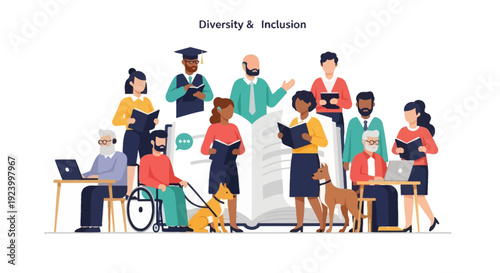 Embracing Diversity & Inclusion: Diverse Group Learning Together - Age, Race, Ability, Gender Representation in Education Vector