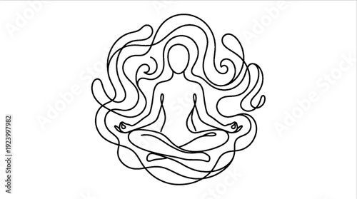 A clean and professional vector line art illustration of a person practicing meditation, symbolizing inner peace, holistic health, and digital detox for modern commercial wellness projects. (184 chara