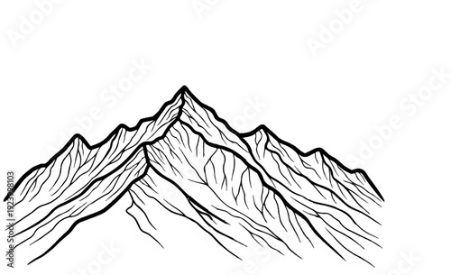 Stylized black and white line drawing of a mountain range with sharp peaks