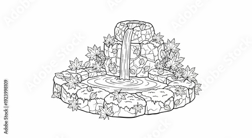Stone fountain with cascading water and decorative autumn leaves