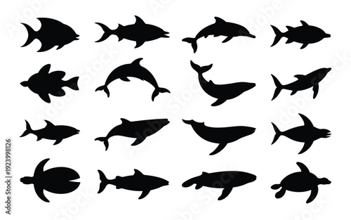 Collection of various marine animal silhouettes including fish dolphins and whales on a white background for design and educational use