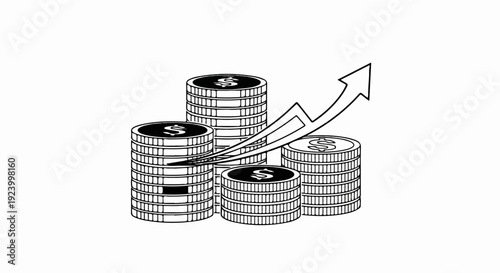 Stacks of coins with an upward trending arrow