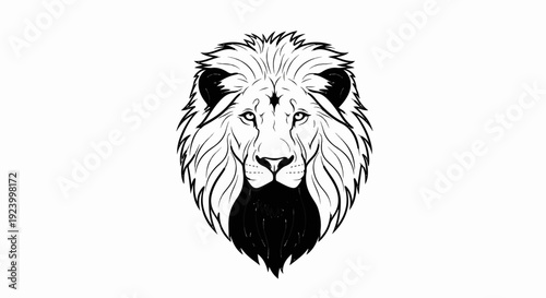 Stark black and white illustration of a lion's head with a majestic mane