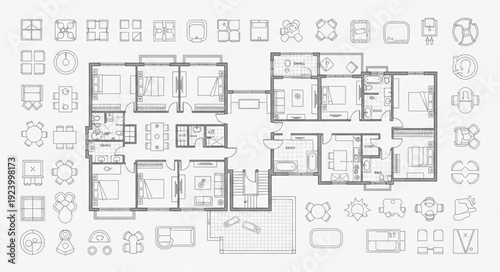 Architectural blueprint of a modern residential building with detailed floor plans and layouts.