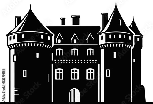Stylized black and white illustration of a grand castle with multiple turrets
